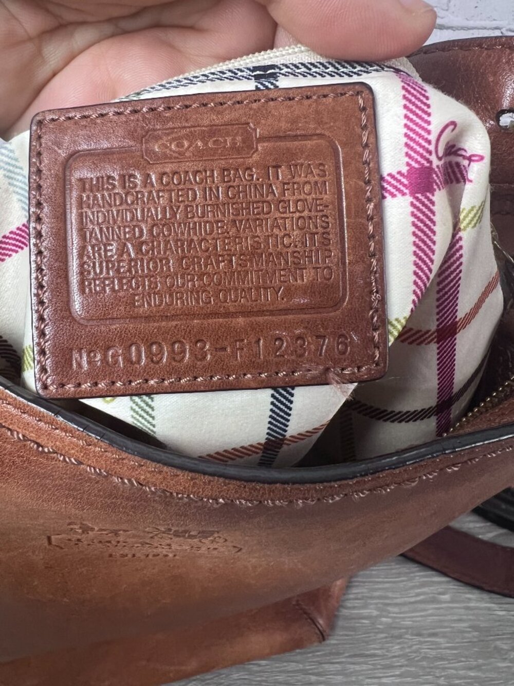 Coach F12376 Cognac Leather Hobo Shoulder Bag Tattersall Lining - Picture 2 of 9
